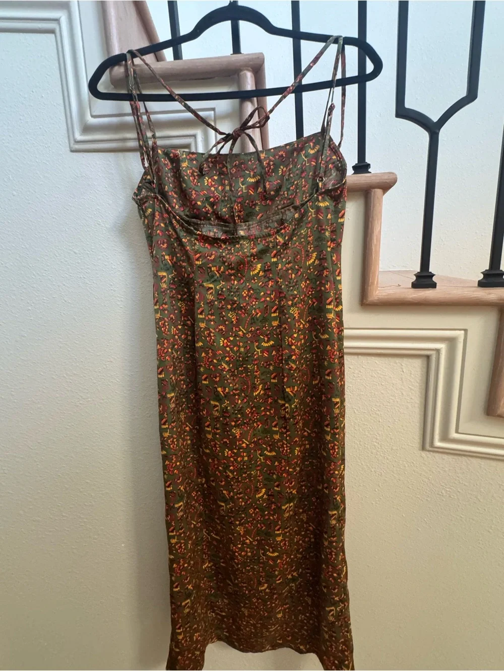Urban Outfitters Olive Green Floral Slip Dress with Pink & Mustard Accents